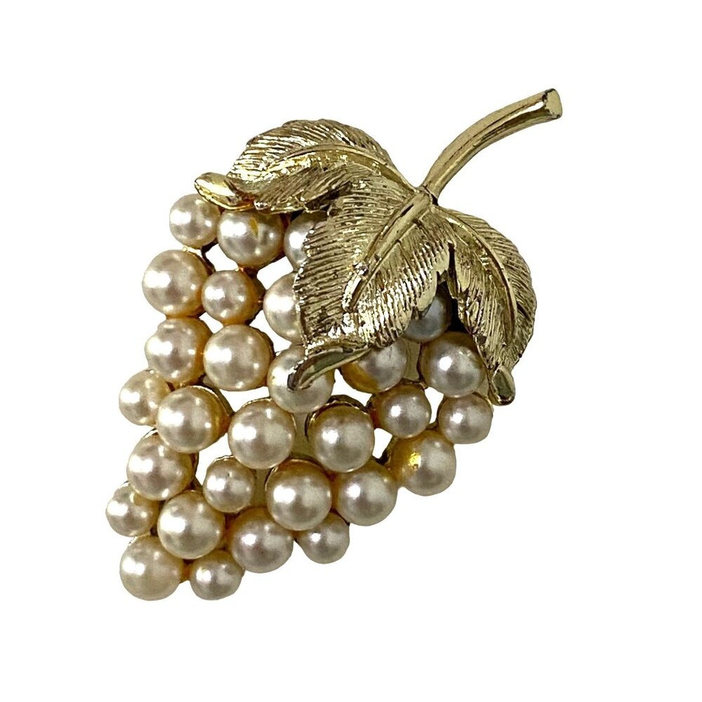 Vintage Gold Tone Leaf Brooch with Faux Pearls 2" Pin Costume Fashion Jewelry